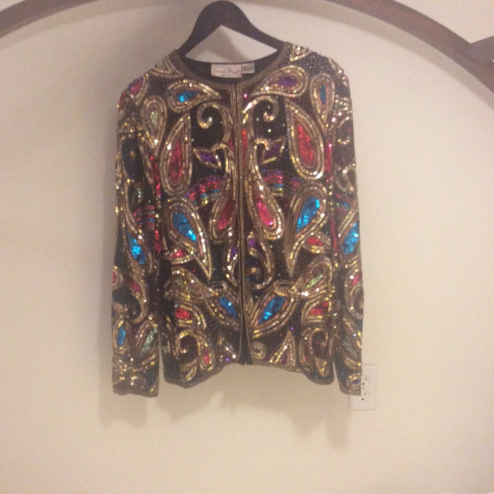 Laurence Kazar Vintage Multi-colored Embellished Sequin Party Jacket Top L